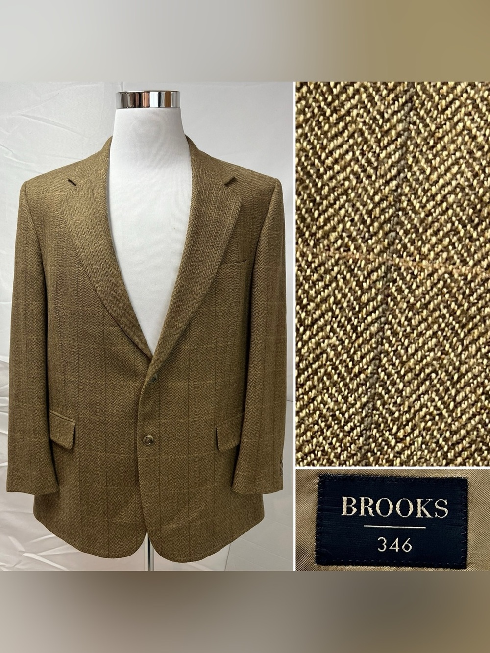 Brooks Brothers Men’s 44R Tan Brown Lambswool Herringbone Plaid Blazer Jacket